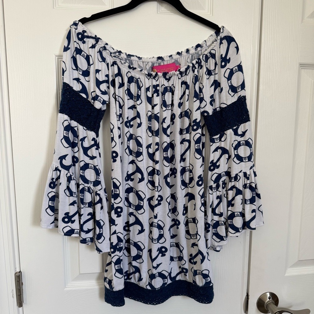 Macbeth Collection by Margaret Josephs Navy White Nautical Off-Shoulder Tunic S